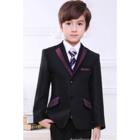 Luxury 5Pcs Little Boy/Man Coat Vest Set with Tie- Maroon Printed Black