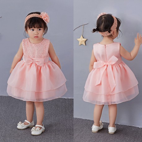 Classic Lace Big Ribbon Baby Dress Peach
