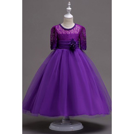 Classic Quarter Sleeve Lace Long Evening Flowery Girl Dress Purple